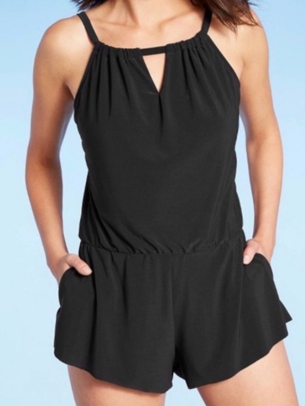 NWT AQUA GREEN Size Large Black Romper Style Swimsuit